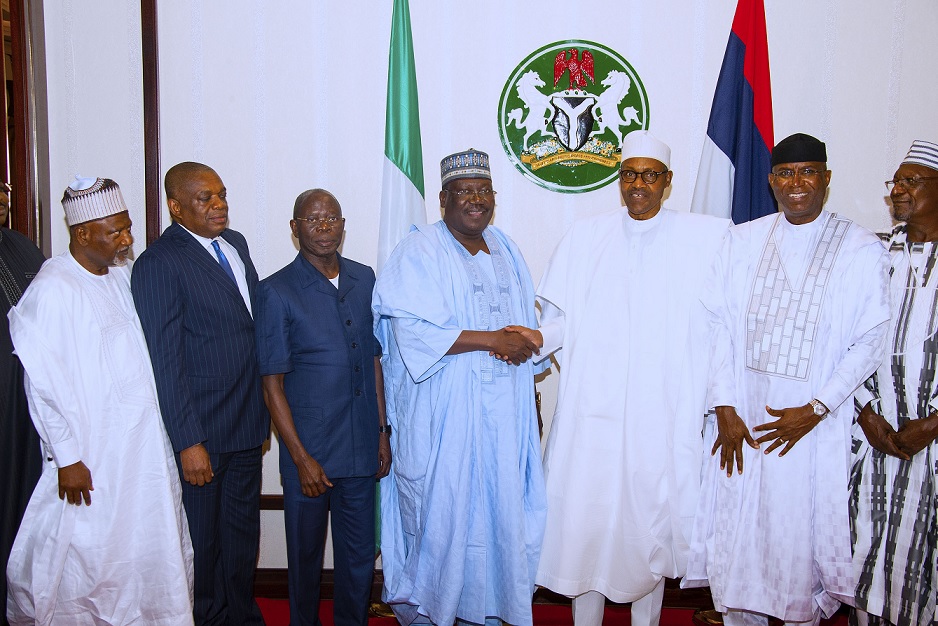 President Muhammadu Buhari flanked by the President of the Senate, Ahmed Lawan, Deputy President of the Senate, Ovie Omo-Agege. Other are APC National Chairman, Adams Oshiomhole, Senate Leader, Senator Abdullahi Yahaya, Chief Whip, Senator Orji Uzor Kalu and Deputy Minority Whip Sahabi Yau during a dinner for the Principal officer of the National Assembly held at the State House Thursday Night. PHOTO; SUNDAY AGHAEZE. JULY 11 2019